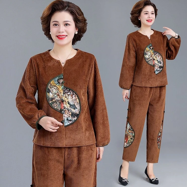 中年妈妈秋装外套洋气运动服套装中老年女装春秋灯芯绒上衣两件套