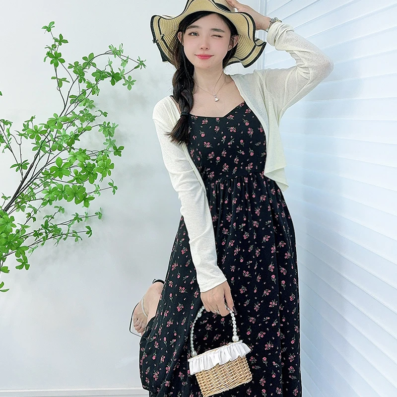 碎花连衣裙女时尚法式中长款气质小个子长袖夏吊带裙修身收腰洋气