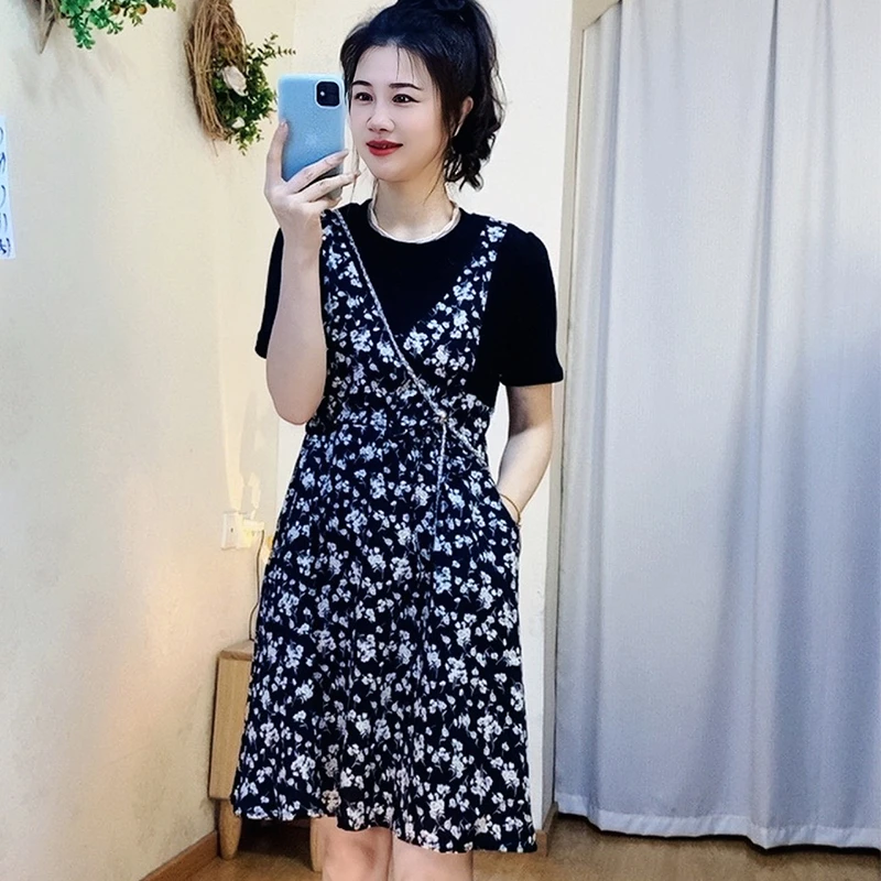 小个子碎花假两件连衣裙女法式宽松雪纺短袖夏季2024新款气质