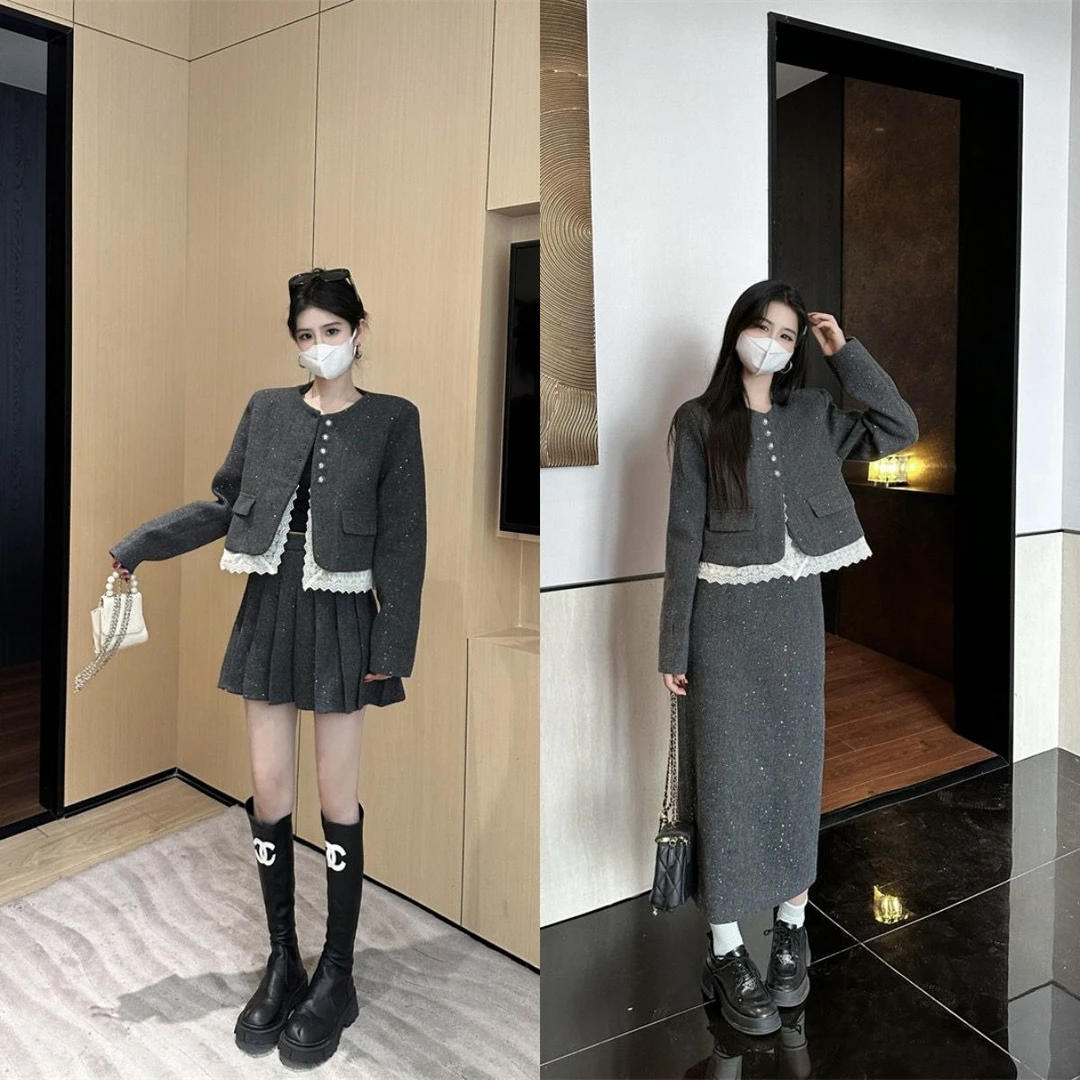 气质小香风套装女时尚大码女装加厚半身裙两件套秋冬新款洋气针织