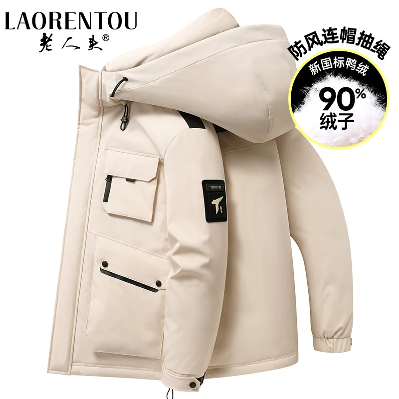 老人头羽绒服加厚户外男士极寒休闲时尚工装大口袋连帽保暖外套潮