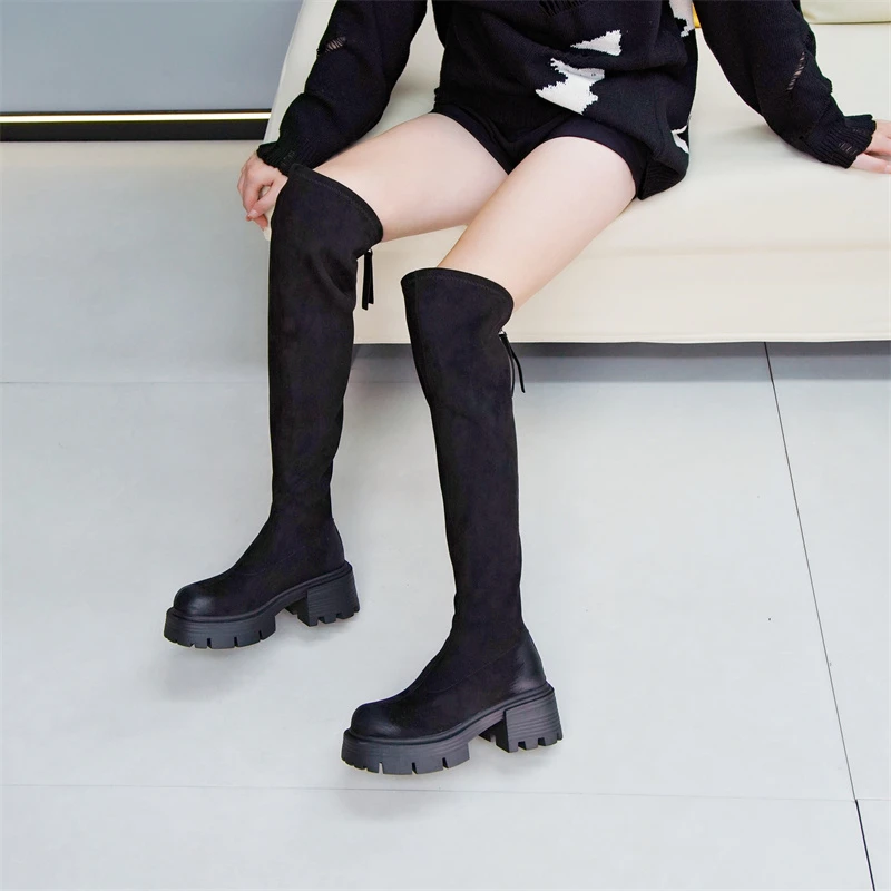 厚底过膝弹力靴增高长筒靴时尚百搭黑色瘦瘦靴秋冬新款女