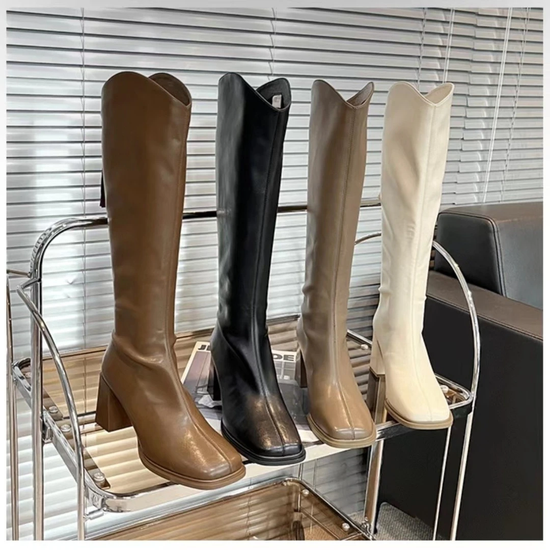 XIEFURN/鞋夫人长靴女鞋百搭方头骑士瘦瘦靴棕色长靴A905长靴厚底