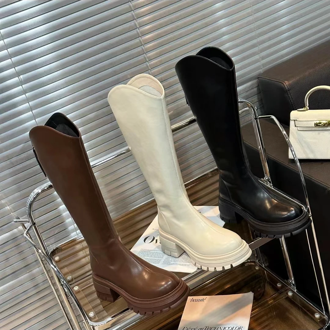 XIEFURN/鞋夫人厚底高筒靴小个子白色时尚百搭加绒瘦瘦靴长筒