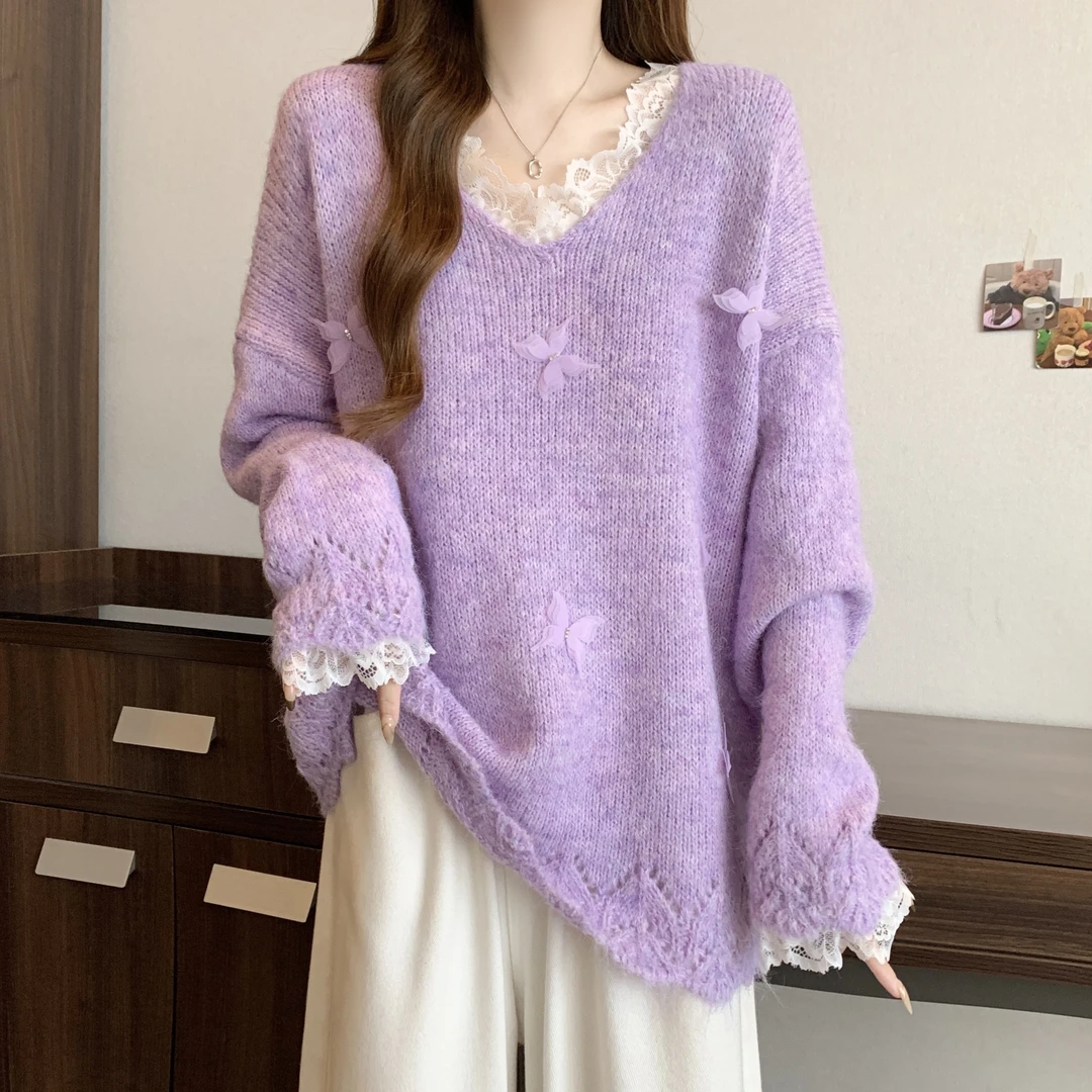 杏色V领蕾丝立体蝴蝶毛衣女秋冬大码胖mm时尚洋气内搭针织衫上衣