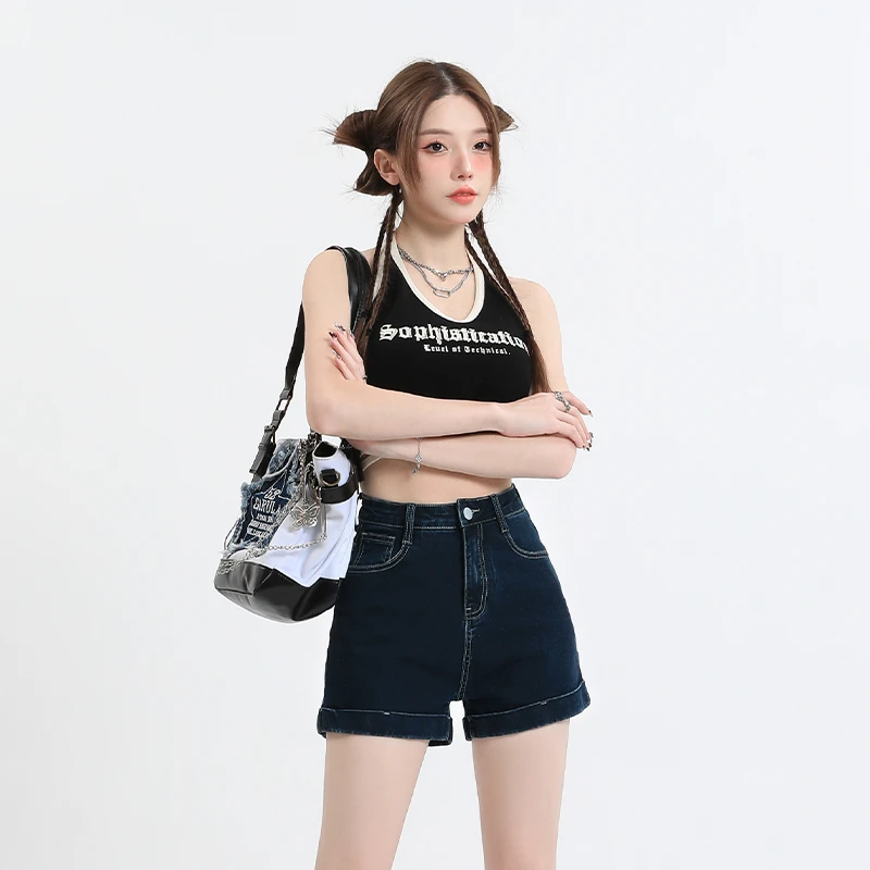 蓝灰色高腰阔腿牛仔短裤女春夏季2023新款a字弹力修身辣妹热裤子