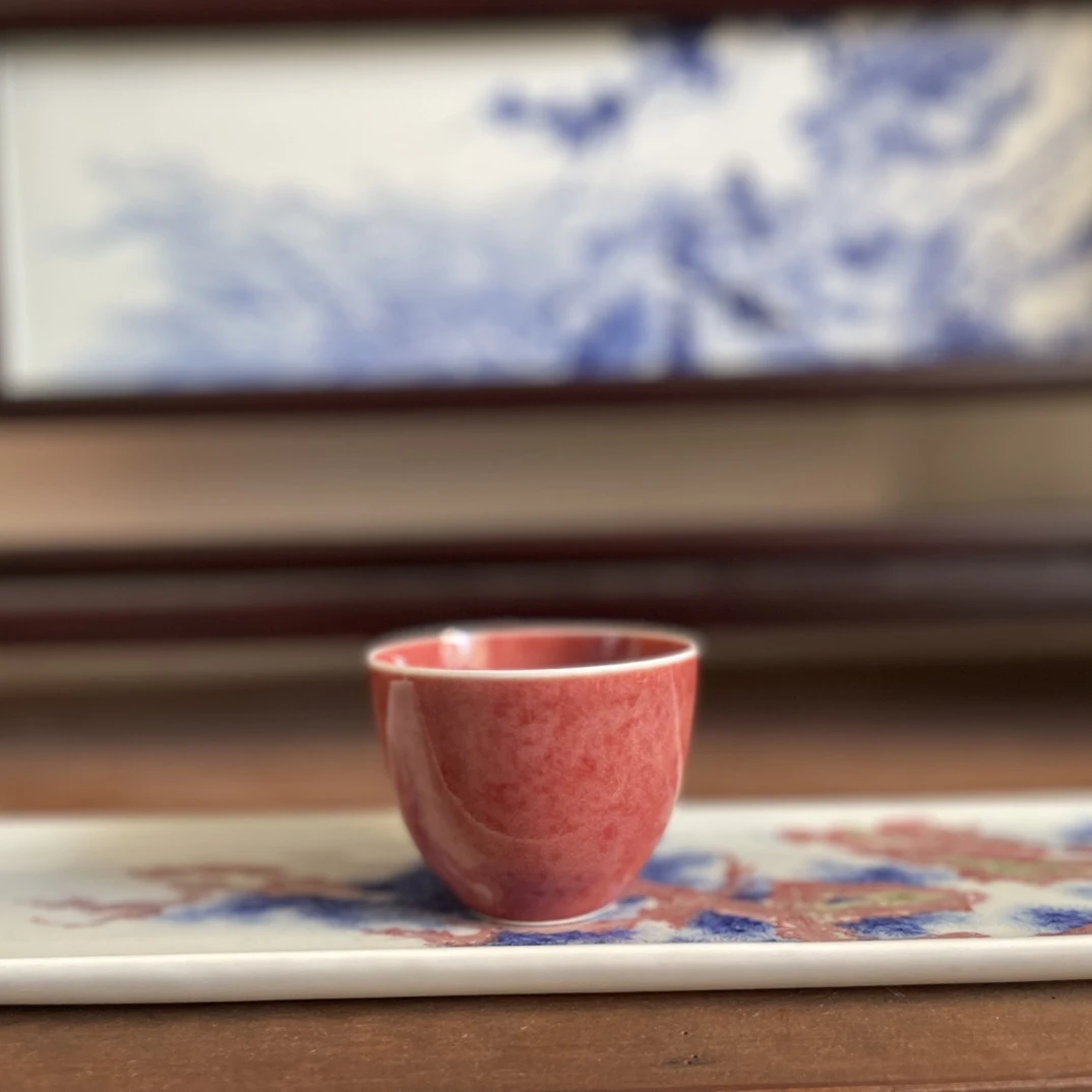 文尔豇豆红直筒杯主人杯茶杯100cc陶瓷纯手工品茗杯手绘