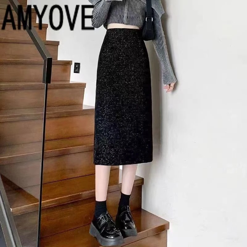 璀璨星河亮丝2024秋冬高腰显瘦半身裙百搭小香风A字包臀裙中长款