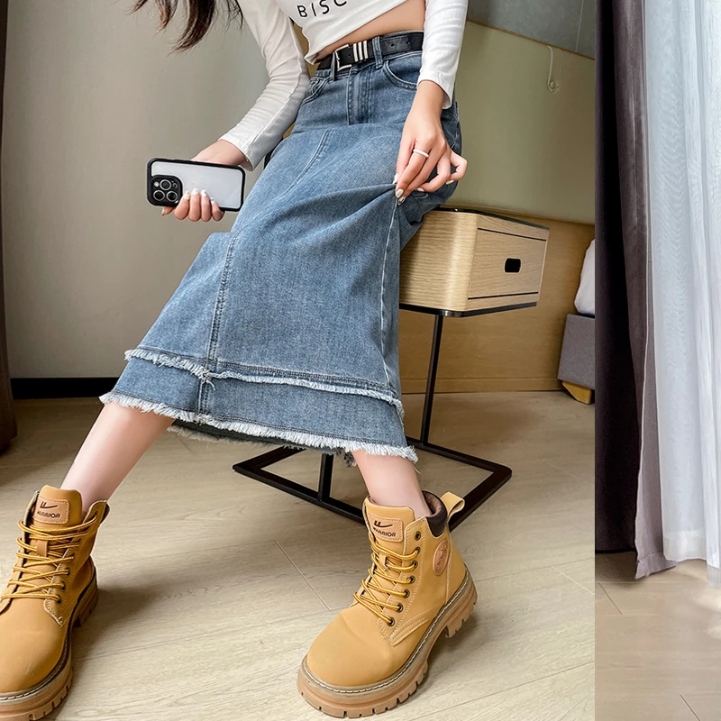2024春夏季新款毛边设计感显瘦百搭牛仔中长款高腰a字牛仔半身裙