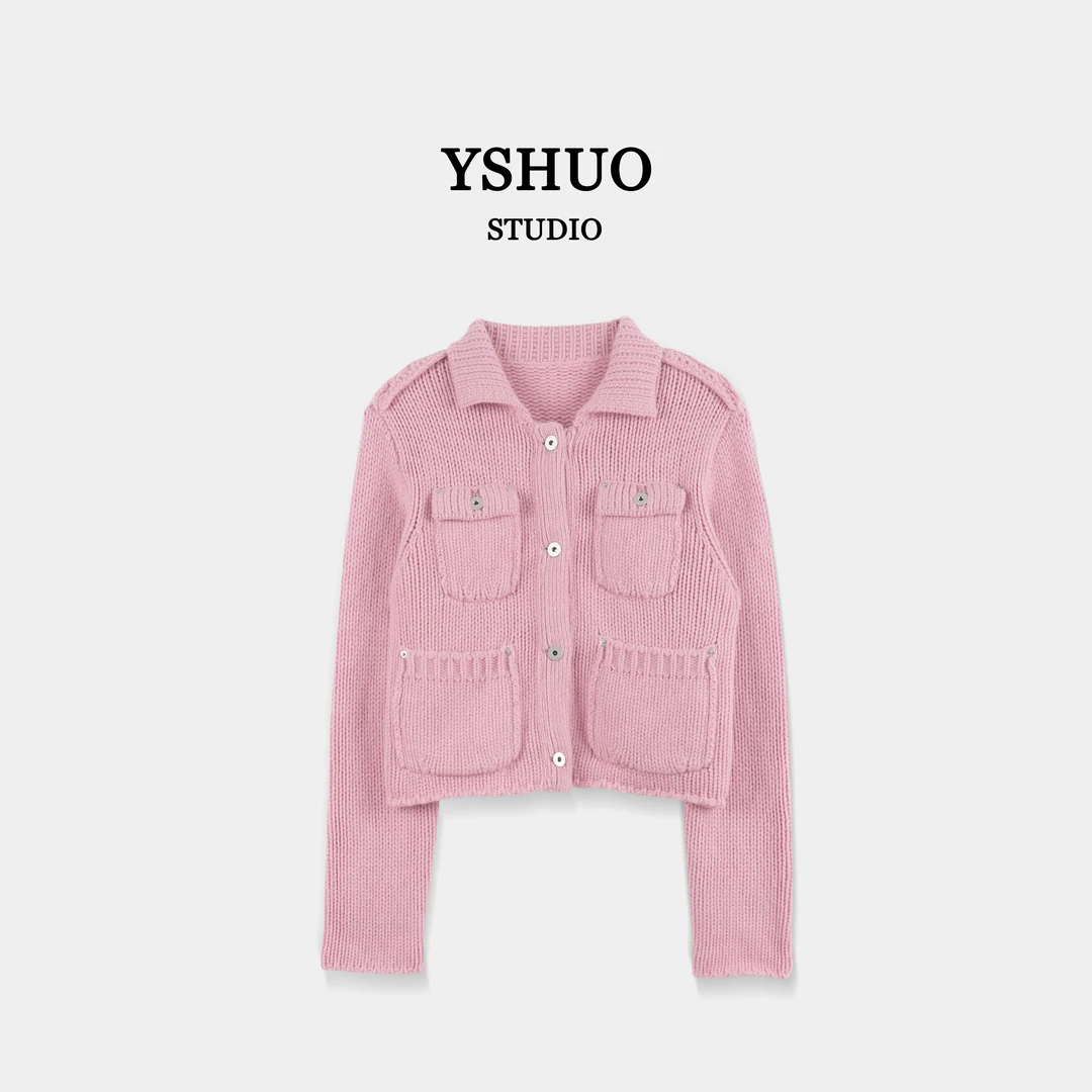 【多袋奶昔】复古韩系单排扣多口袋翻领厚实毛衣外套 24829