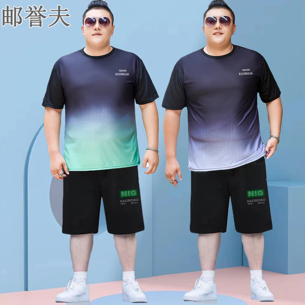 大码短袖跑步夏季健身T恤男士宽松潮流休闲两件套短裤渐变色套装