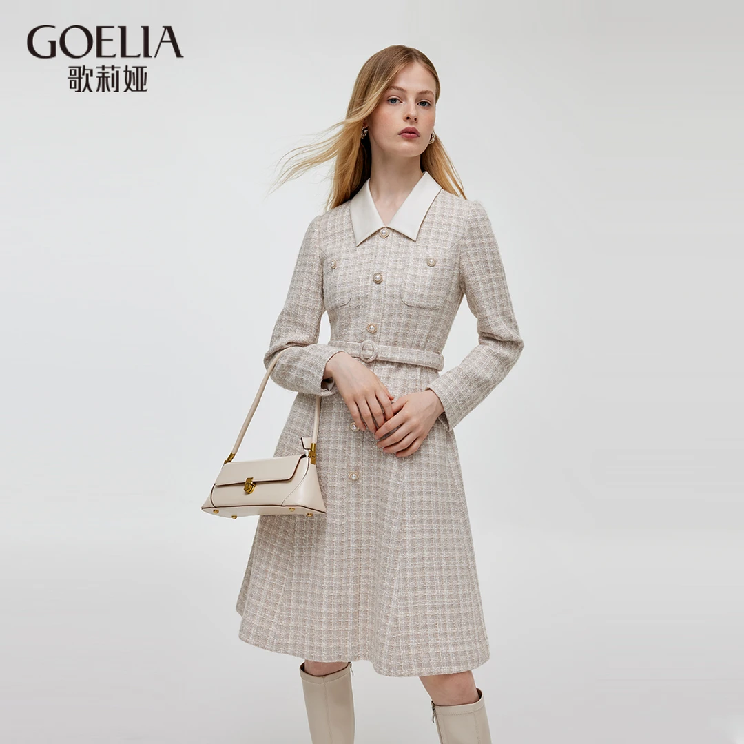 歌莉娅秋新品拼接领羊毛混纺收腰显瘦连衣裙1C9L4K150