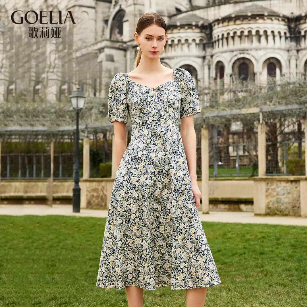 歌莉娅夏季新品法式优雅气质印花棉布打揽茶歇裙连衣裙 1C4C4K0Y0