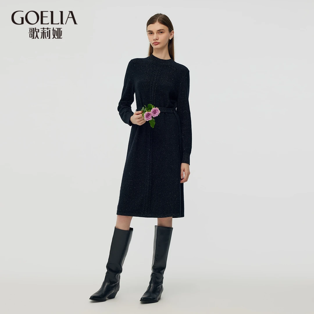 歌莉娅冬季绵羊毛毛织连衣裙配送本布腰带简约气质时尚1CSC4G080