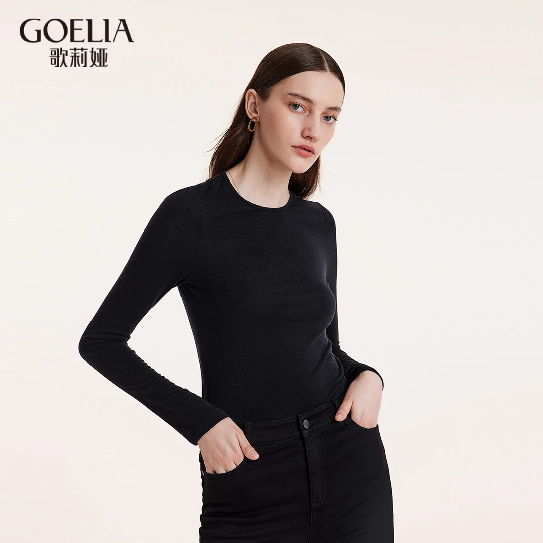 歌莉娅 冬新品100%水洗羊毛百搭黑色显瘦针织衫1BDC0E04C