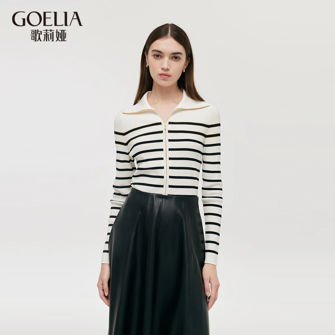 歌莉娅秋新品条纹拉链修身开衫1C9C6J0E0