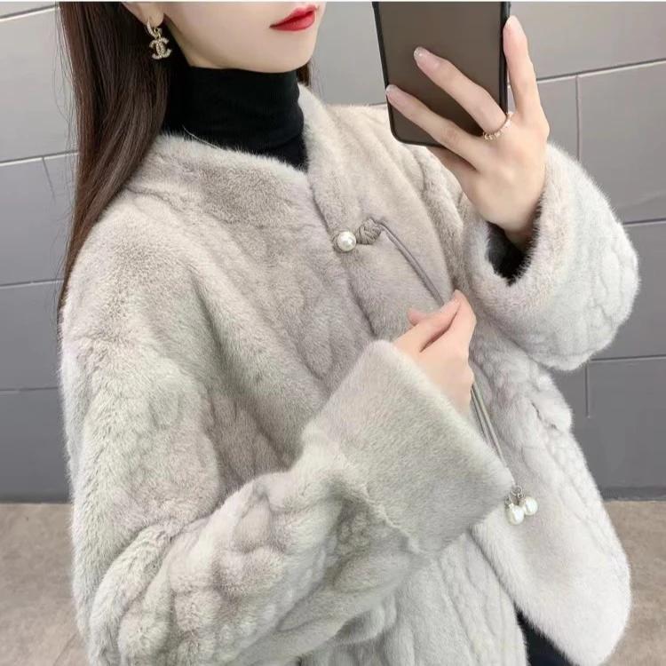 2023冬新款水貂绒毛呢外套女加厚仿水貂毛毛皮草大衣整貂宽松8018