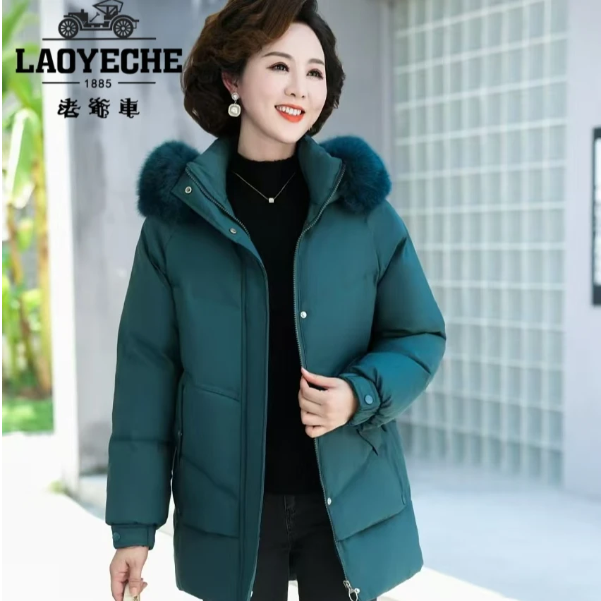 中老年2025冬季新款时尚女士妈妈装中长款加厚保暖连帽羽绒外套