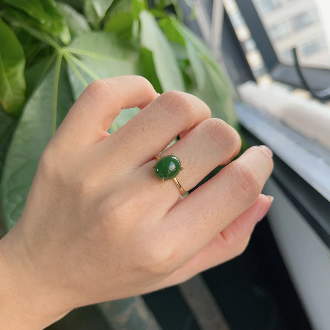 碧玉蛋面戒指S925银镀金色9*11mm