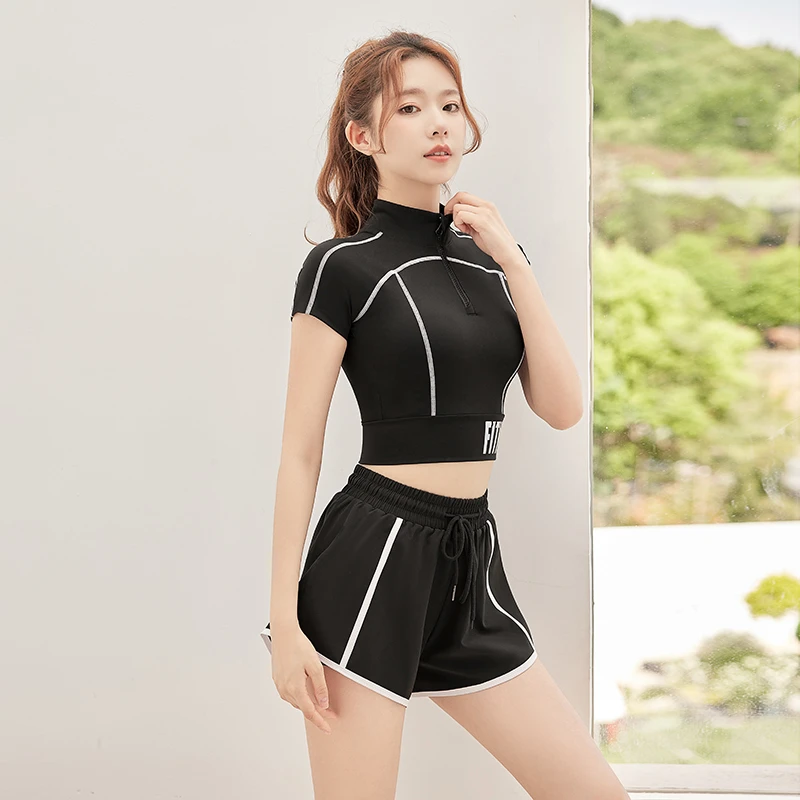 佑游夏季新款运动跑步健身时尚透气显瘦半拉链可拆胸垫短袖33502