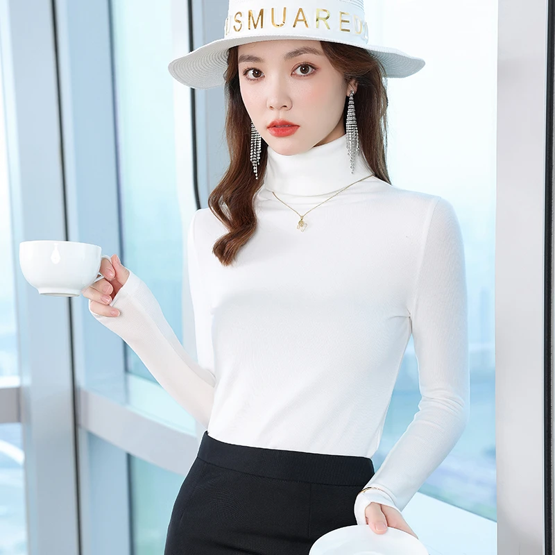 翻领纯色打底衫女2024年秋冬新款洋气时尚修身内搭高领长袖针织衫