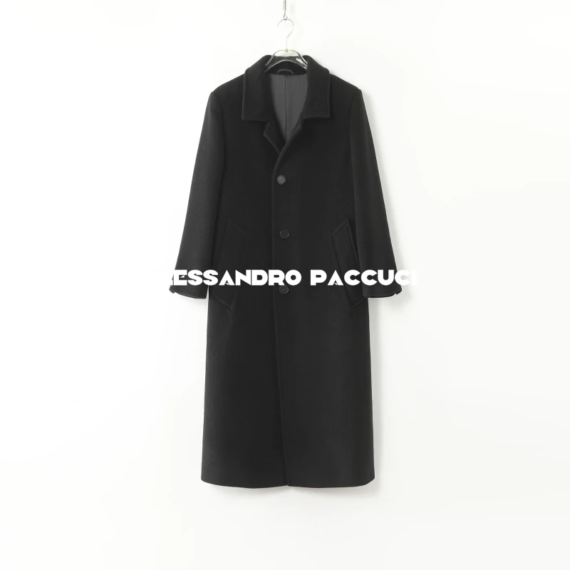 AP洛哥44030DY【阿德莱德】绵羊毛+羊驼毛翻领黑色气质长大衣2024冬