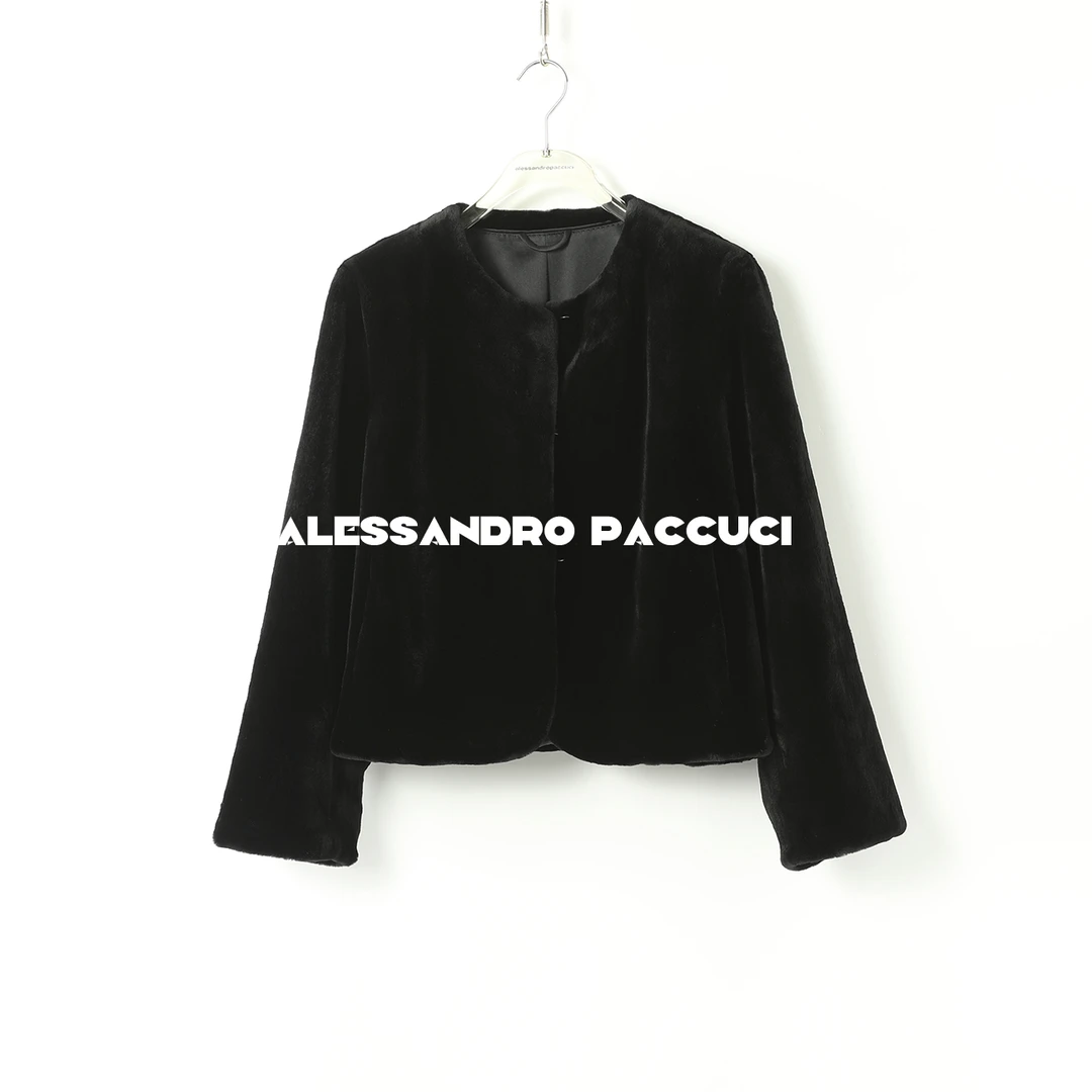 AP洛哥44022CS【黑标系列/世家】水貂绒真丝圆领老钱风短款皮草外套