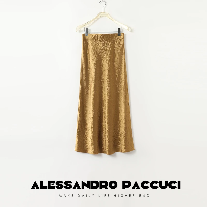 AP洛哥42034QB【荧亮】醋酸缎面光泽感褶皱肌理弹力腰纯色时尚半裙