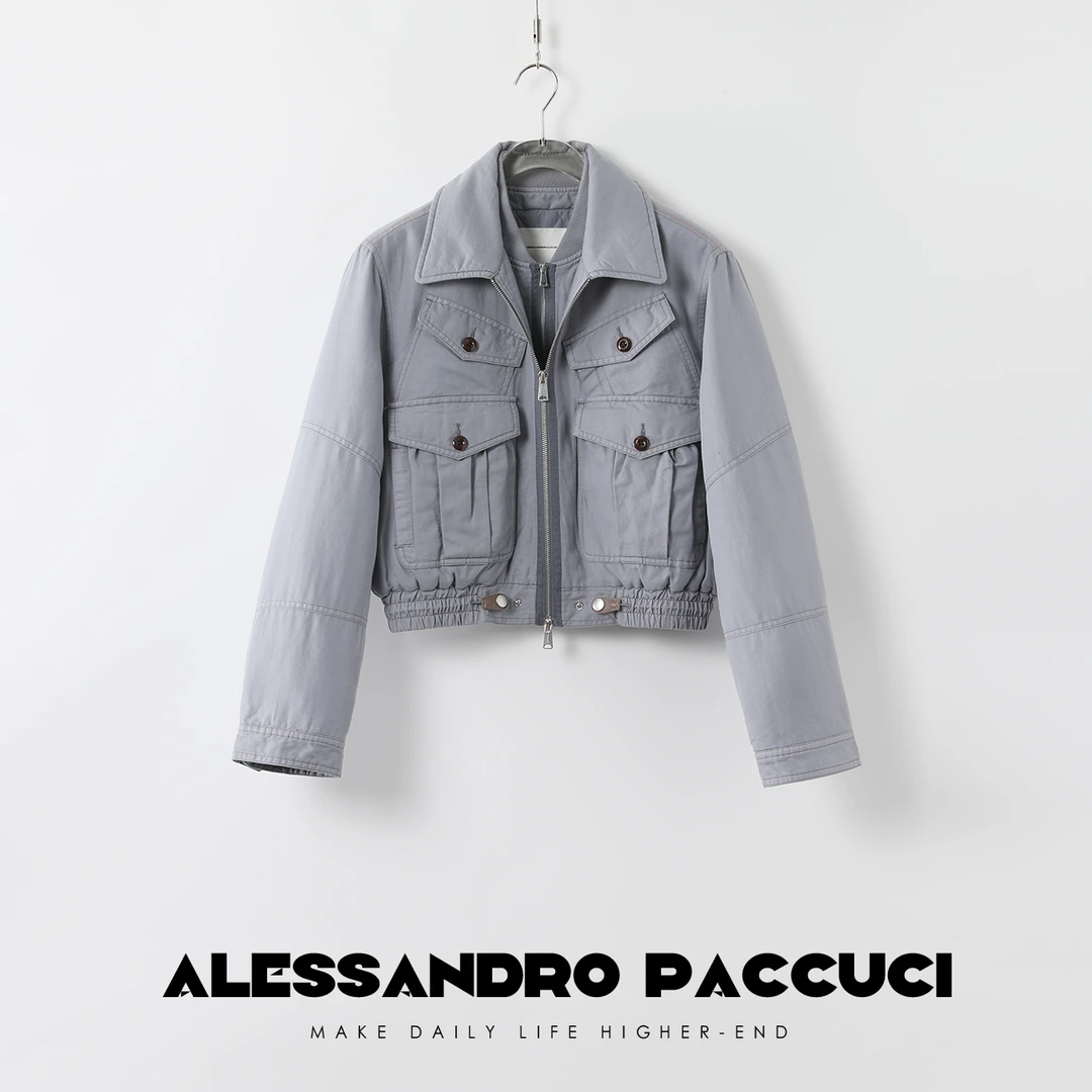 AP洛哥24424X 亚麻+棉高密斜纹蓝色双层领口设计感显瘦休闲短外套