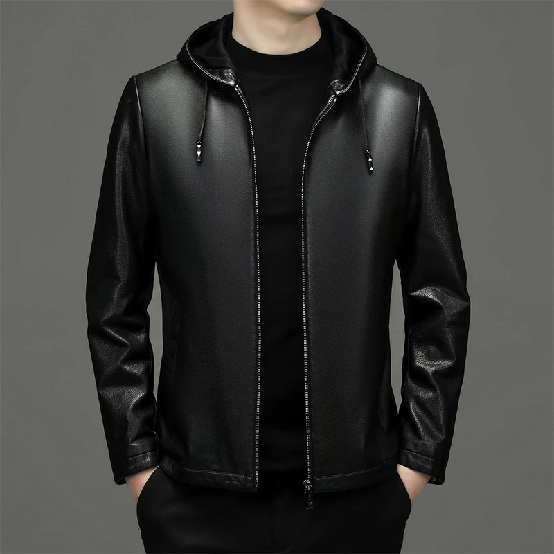 【海宁精选】男士秋冬加绒新款山羊皮海宁轻奢商务百搭休闲连帽皮衣