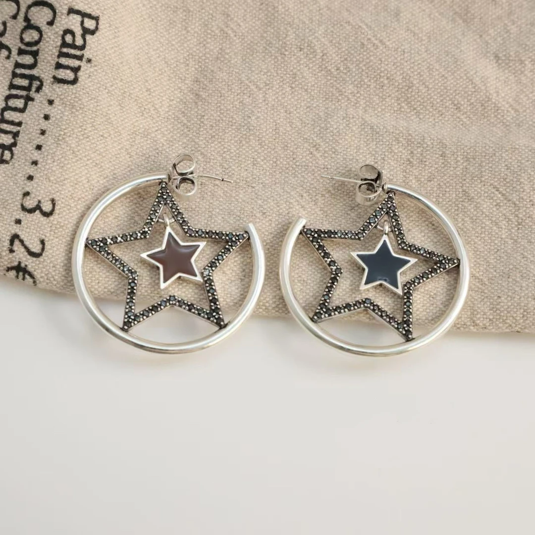 铜合金耳饰 04393大淇原创ins冷淡风拼色大小五角星镂空百搭耳环