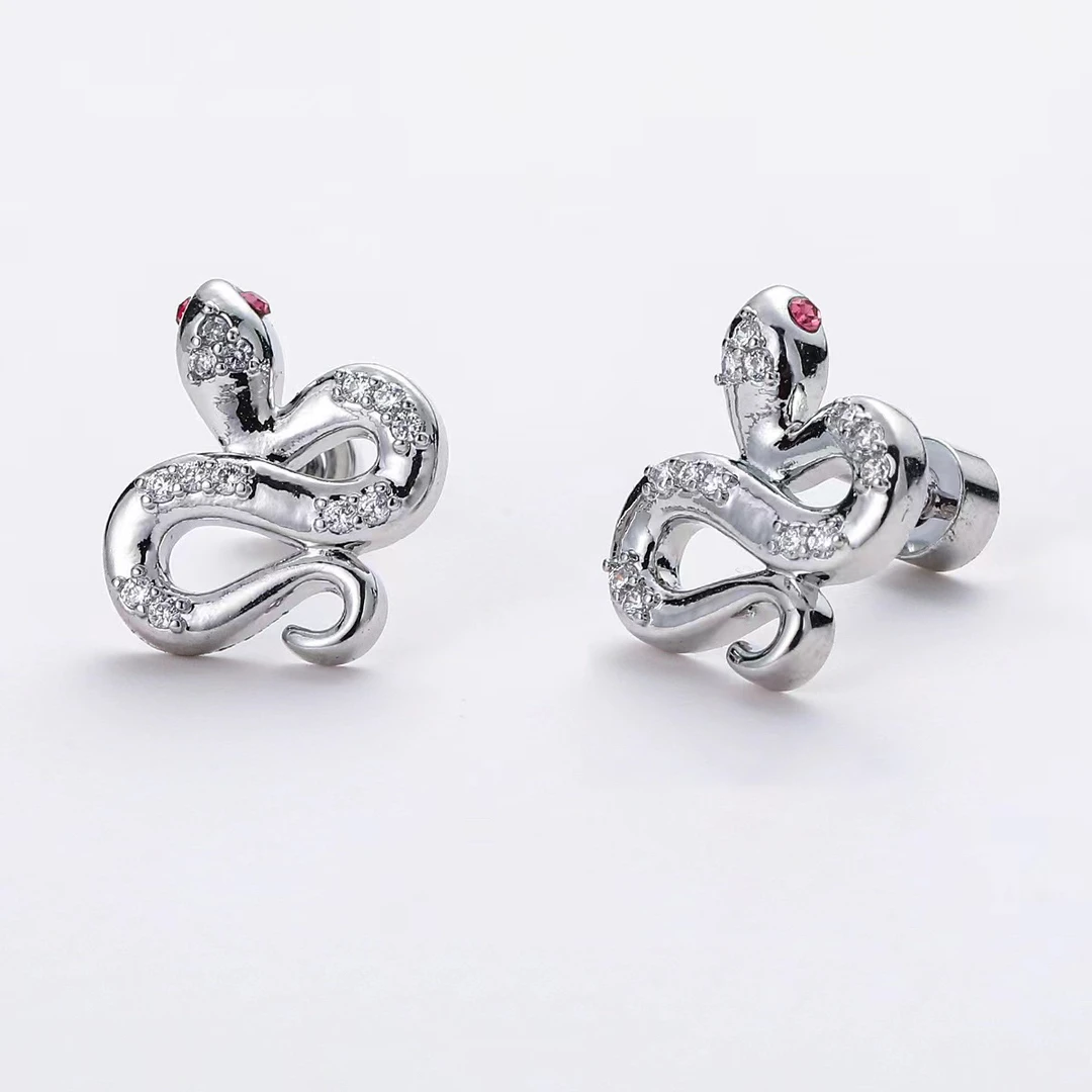 钛钢合成锆石耳饰 01647小众设计镶嵌锆石小蛇旋拧式防敏耳骨钉