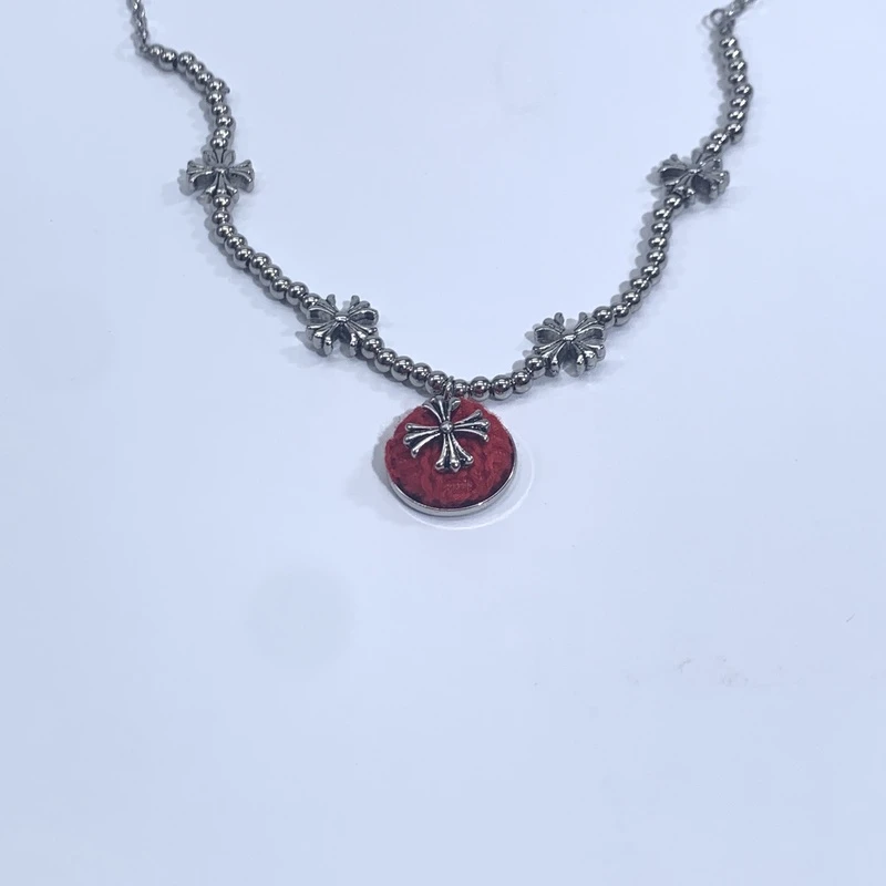 铜合金项链 0328小众设计甜酷风简约半圆红色布艺克克长款项链