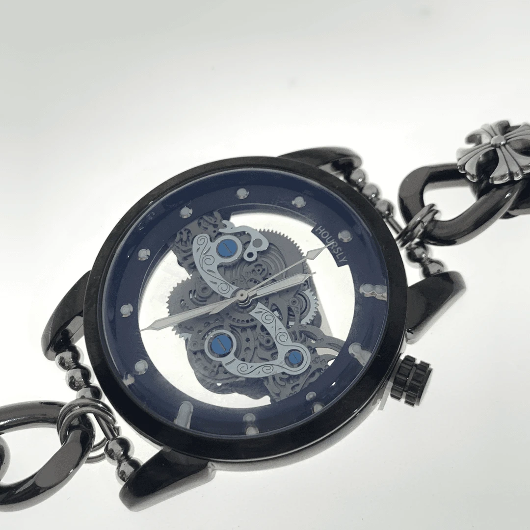 03159大绮原创宝蓝色圆形手表机械费镂空拼黑皮链条手表