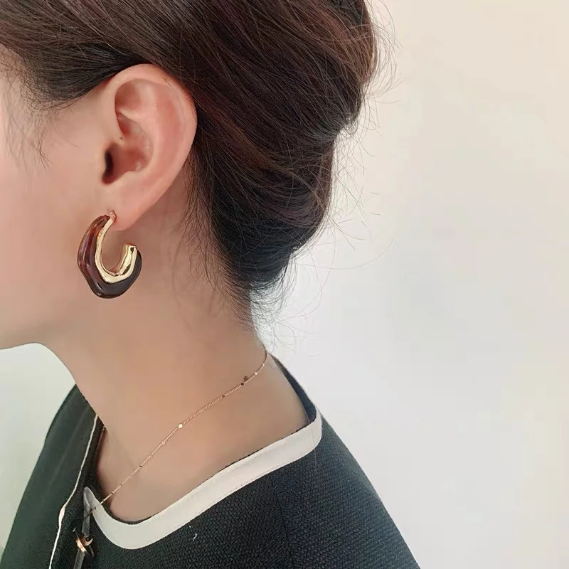 铜合金树脂耳饰 0371法式复古不规则时尚气质色c形耳环