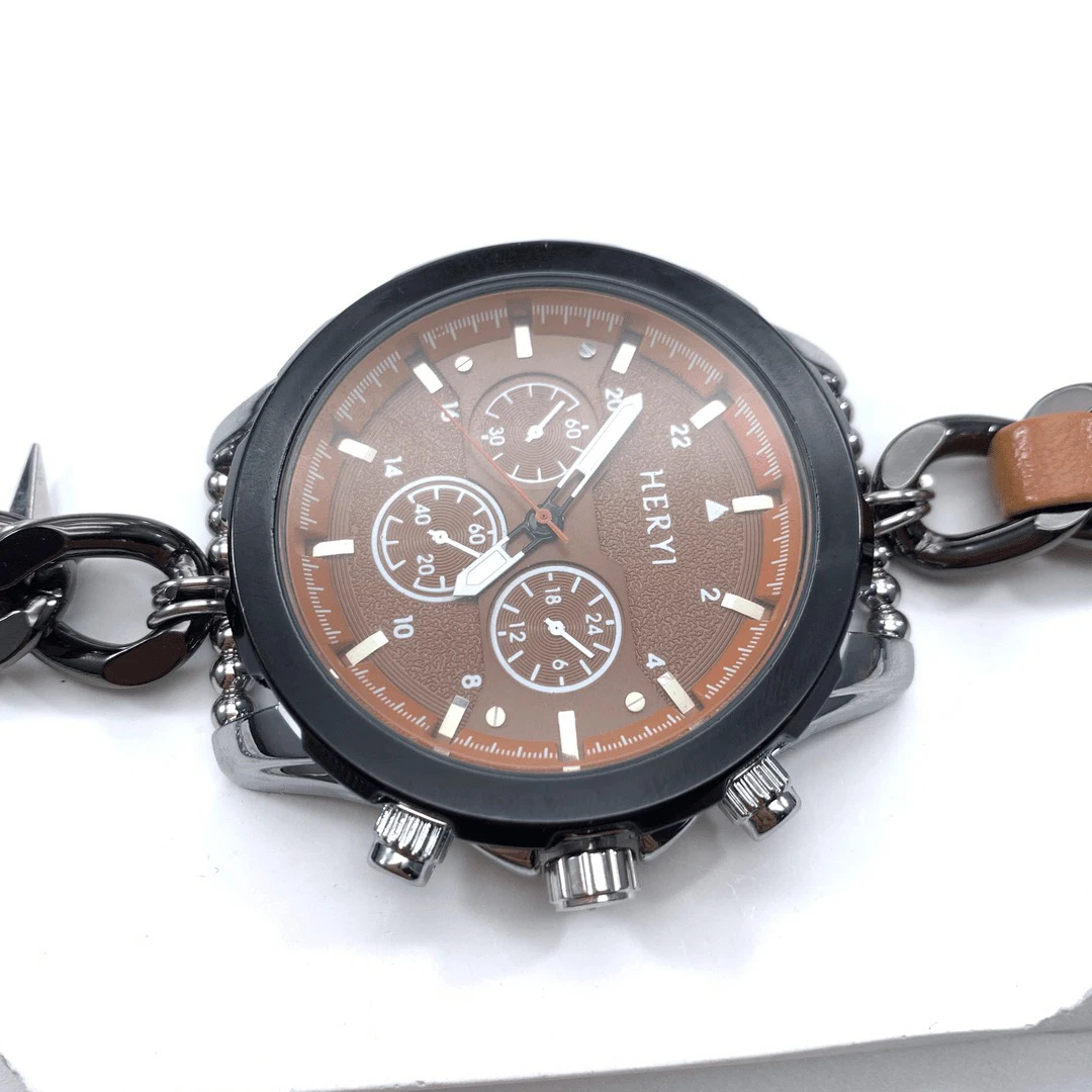 02995大绮原创咖色圆形手表拼棕色皮质手链手表