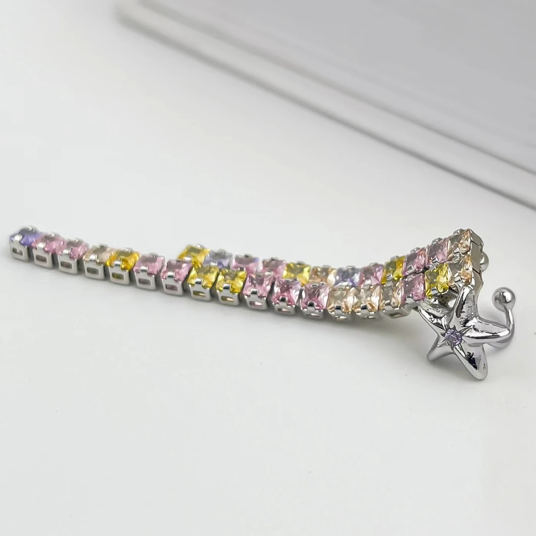 铜合金合成锆石耳饰 0867小众设计炫彩镶嵌锆石拼色五角星耳骨夹