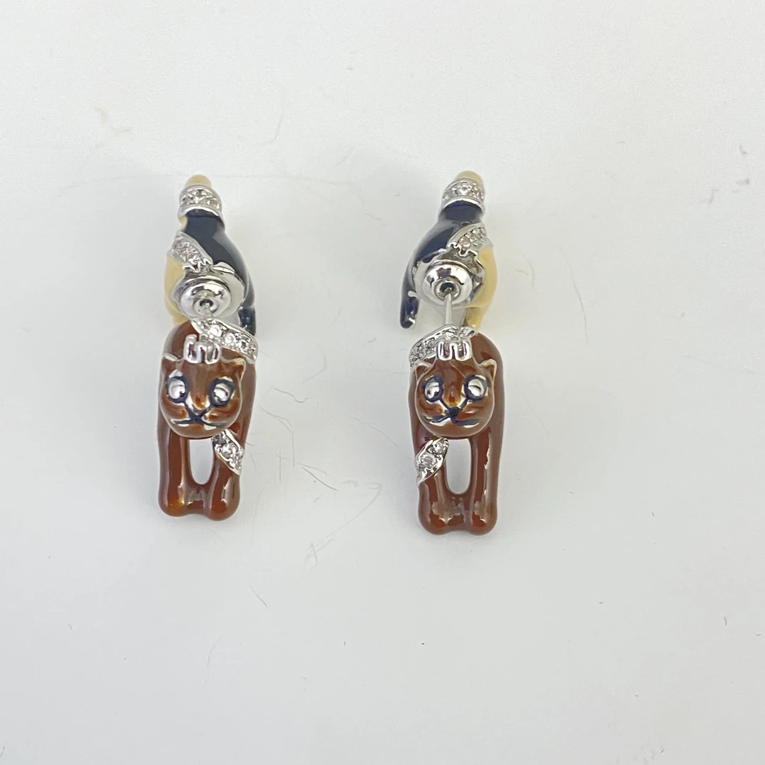 铜合金合成锆石耳饰 04236大淇原创秋冬新款拼色小猫时尚个性耳钉