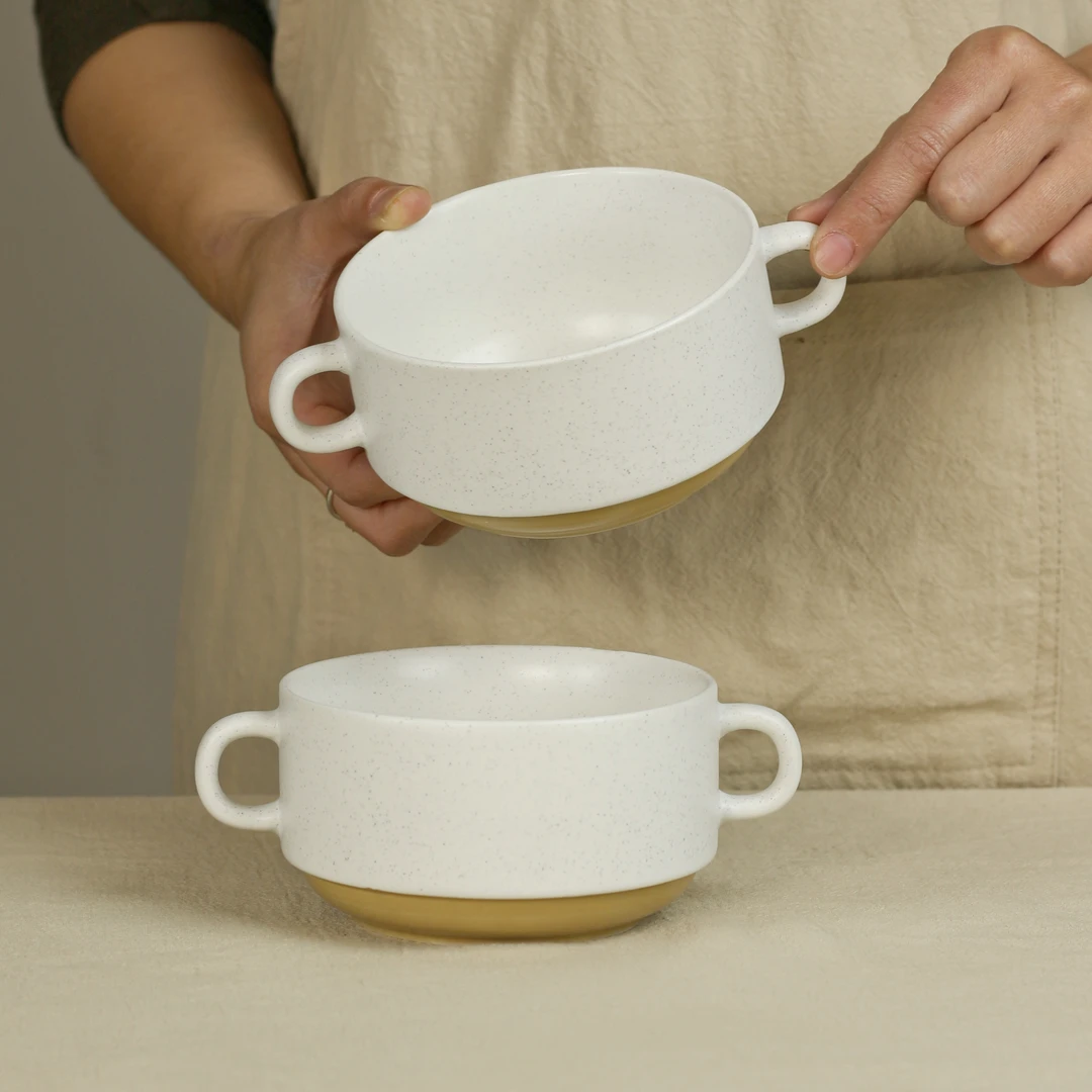 可爱双耳碗家用陶瓷碗带盖饭碗创意泡面碗小朋友蒸蛋碗酸奶碗微瑕