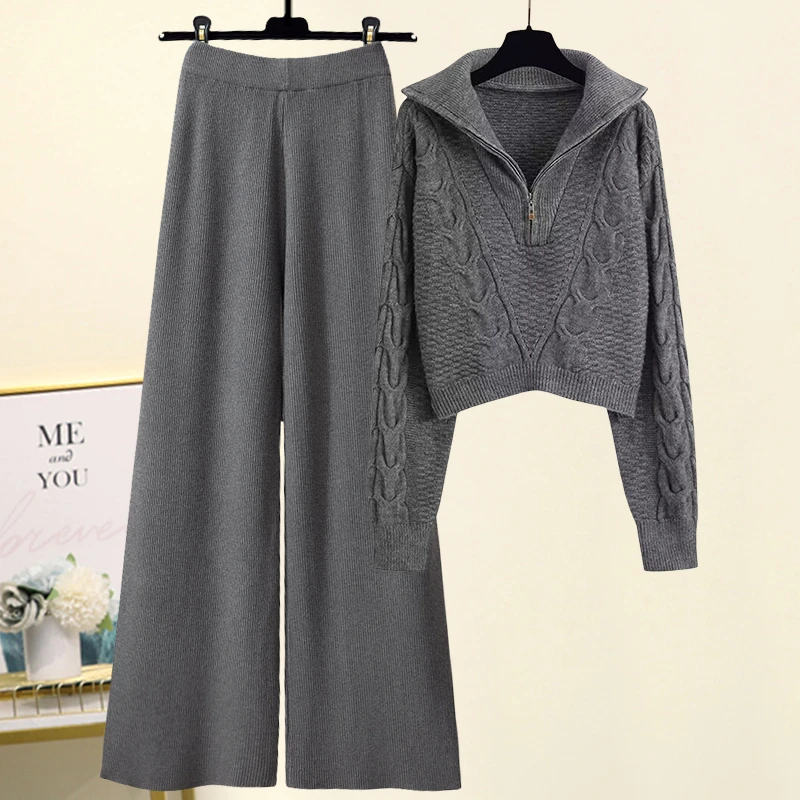 秋冬时尚套装女设计感拉链套头针织上衣高腰垂感休闲阔腿裤两件套