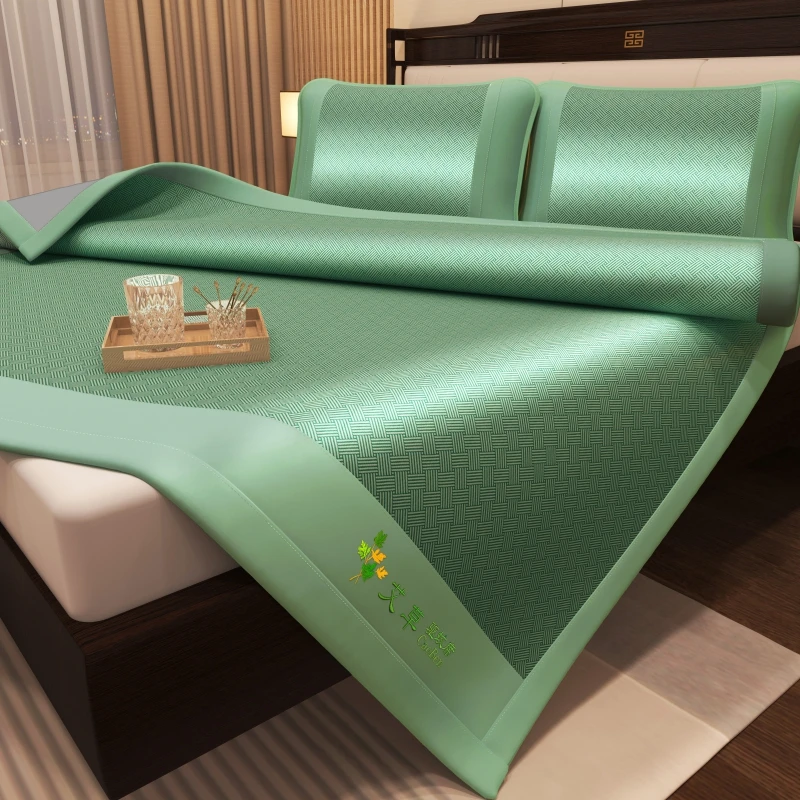 T艾草驱蚊冰丝凉席1.8提花冰丝席三件套水洗凉感1.5m床笠软凉席子