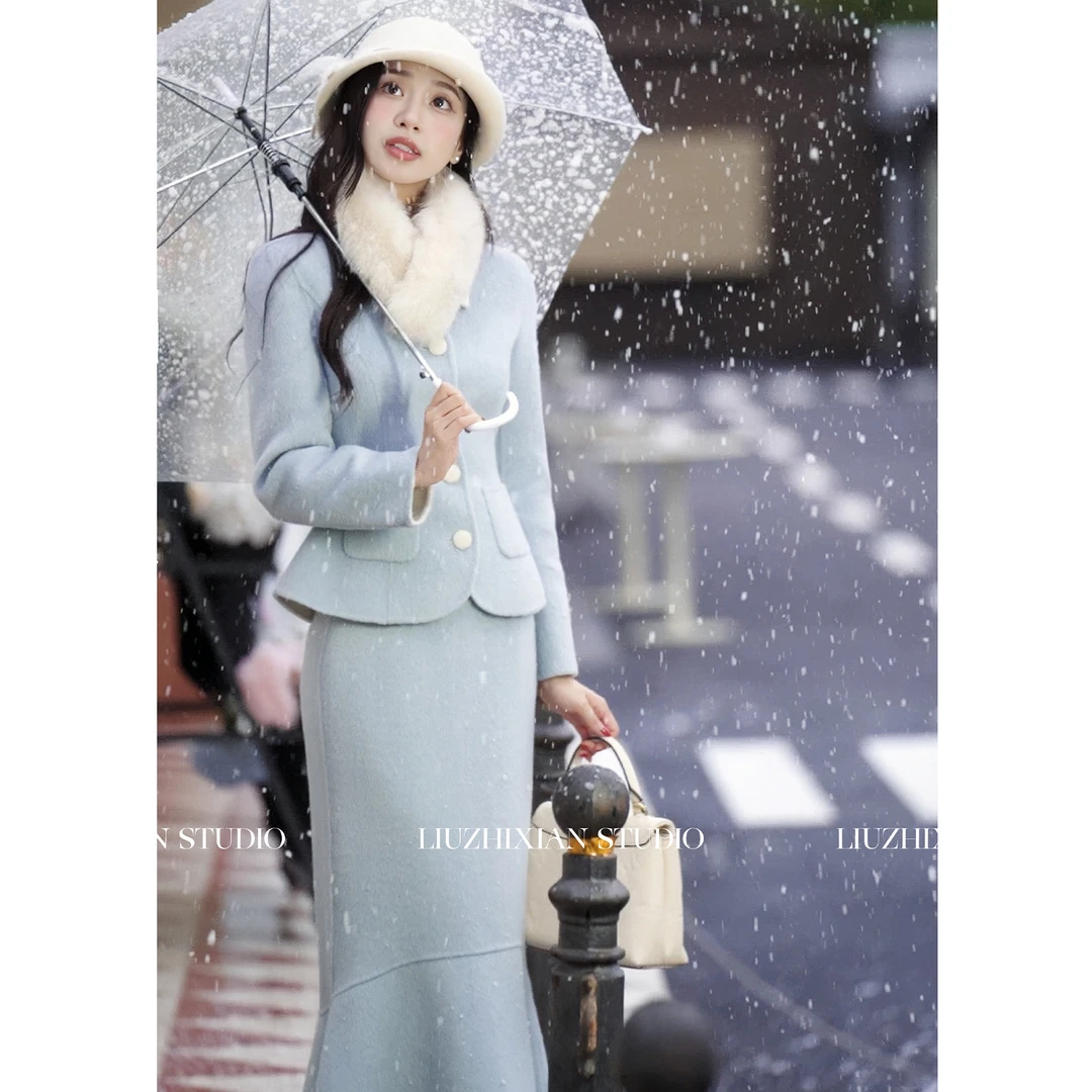 【布鲁小姐】设计感新款包臀茶系鱼尾裙秋冬两件套套装ZX024248