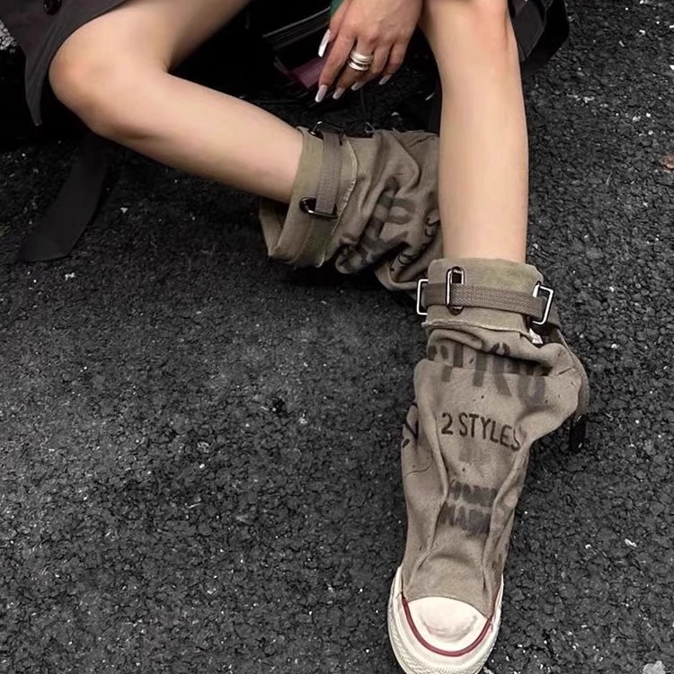 时尚街头牛仔网红复古高街2024新款百搭运动鞋裤筒堆堆时尚长筒靴