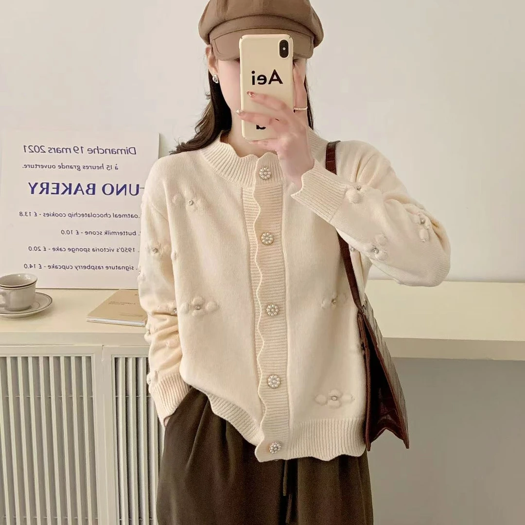 韩版百搭纯色钉珠长袖开衫毛衣小香风网红圆领洋气春秋气质时尚