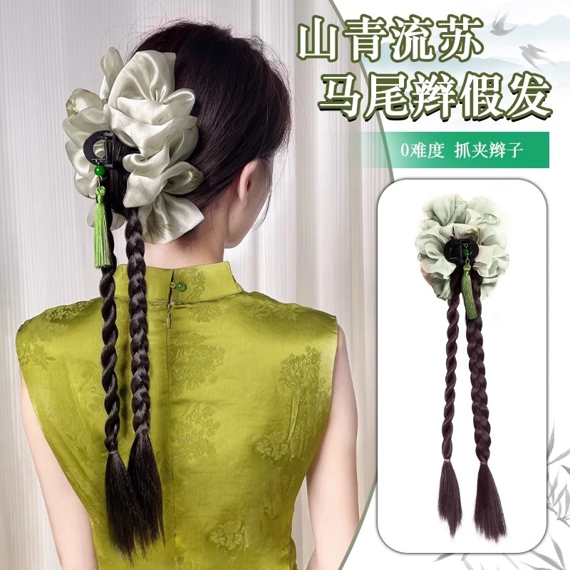 新中式假辫子女侧马尾抓夹古风汉服头饰麻花辫仿真自然编发假马尾