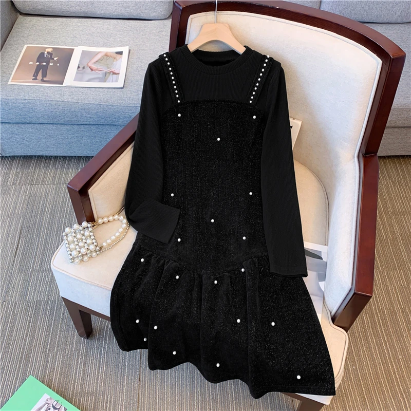 胖mm大码女装时尚气质赫本风小黑裙丝绒假两件连衣裙