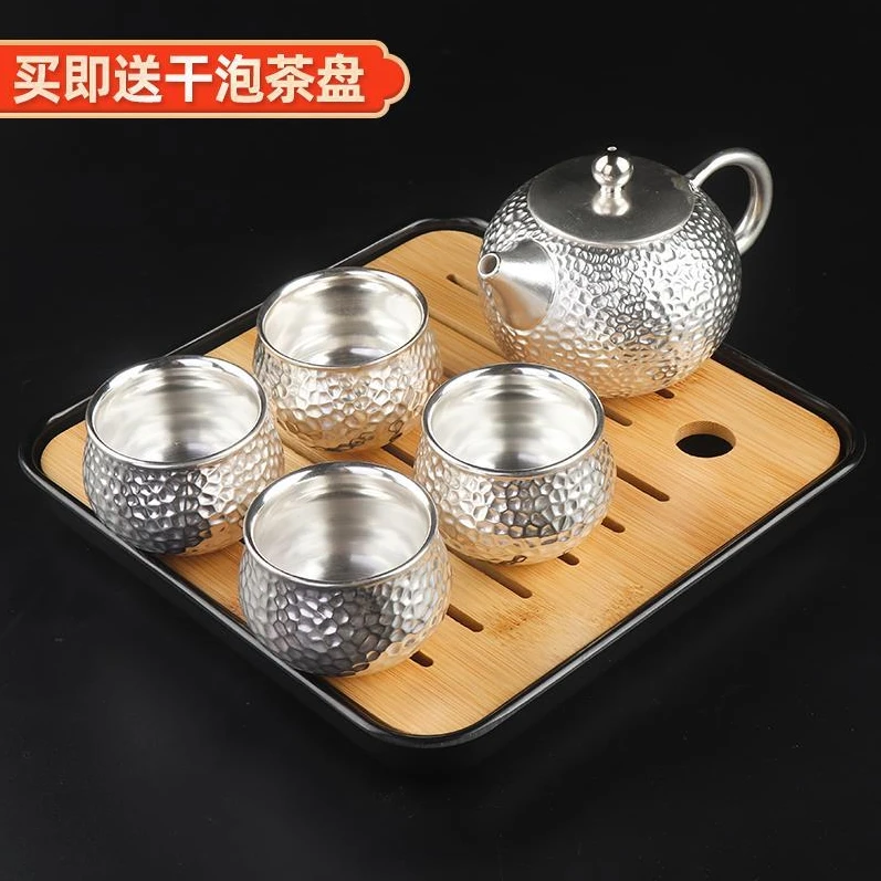 纯手工999鎏银纯银主人杯高端锤纹陶瓷功夫茶杯茶壶整套一壶四杯