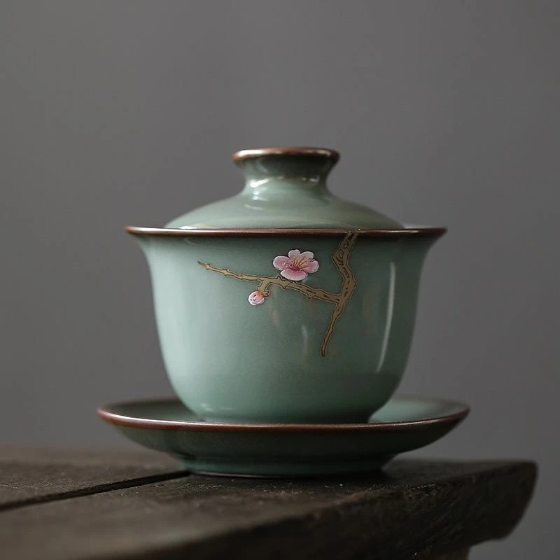 官窑铁胎三才盖碗陶瓷功夫茶具泡茶碗高档大茶杯敬茶碗可养汝窑