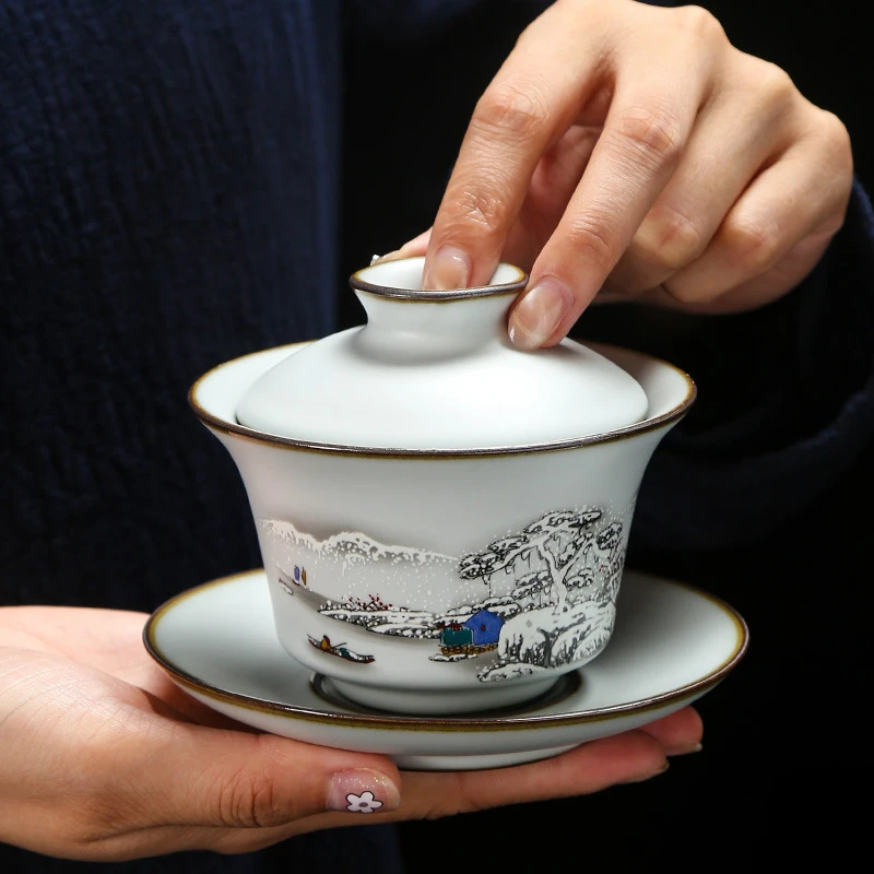 陶瓷开片可养 汝窑雪景大号三才盖碗 茶杯 茶壶  六君子功夫茶具