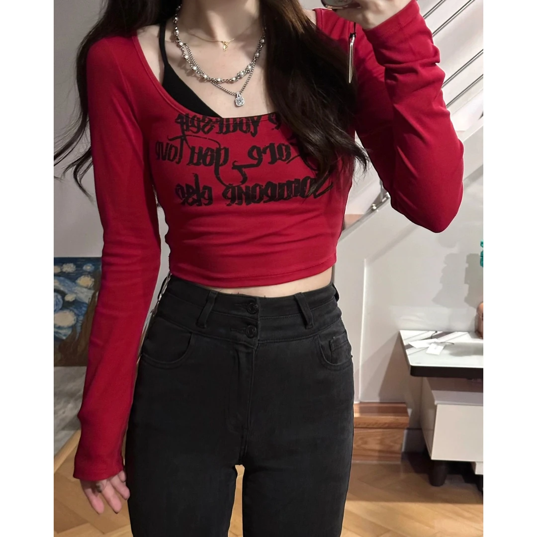 纯欲辣妹红色方领长袖T恤女秋季性感修身短款字母印花上衣打底衫